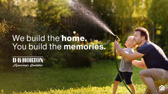 Father and son playing with a water hose in background, with words We build the home. You build the memories.
