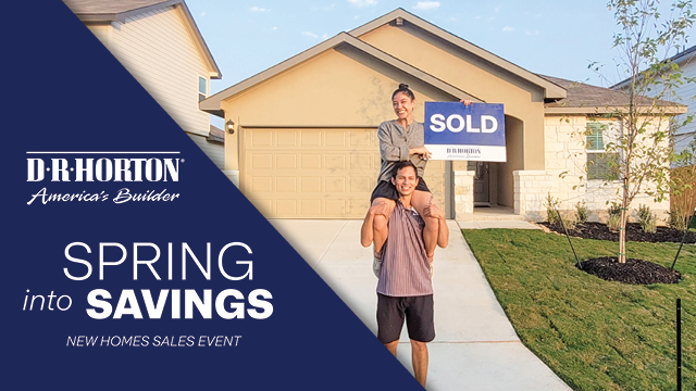spring into savings new home sales event thumbnail with happy homeowners in front of their house