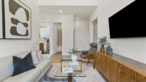 Interior living area with view of overlook railing