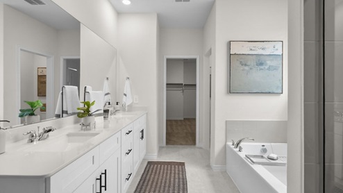 Interior primary bathroom with shower, bath tub and walk-in closet