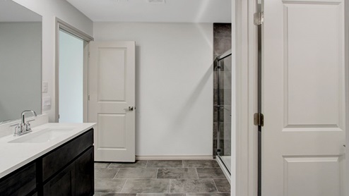 primary bathroom with full tile surround in the walk in shower with a double vanity and quartz countertops