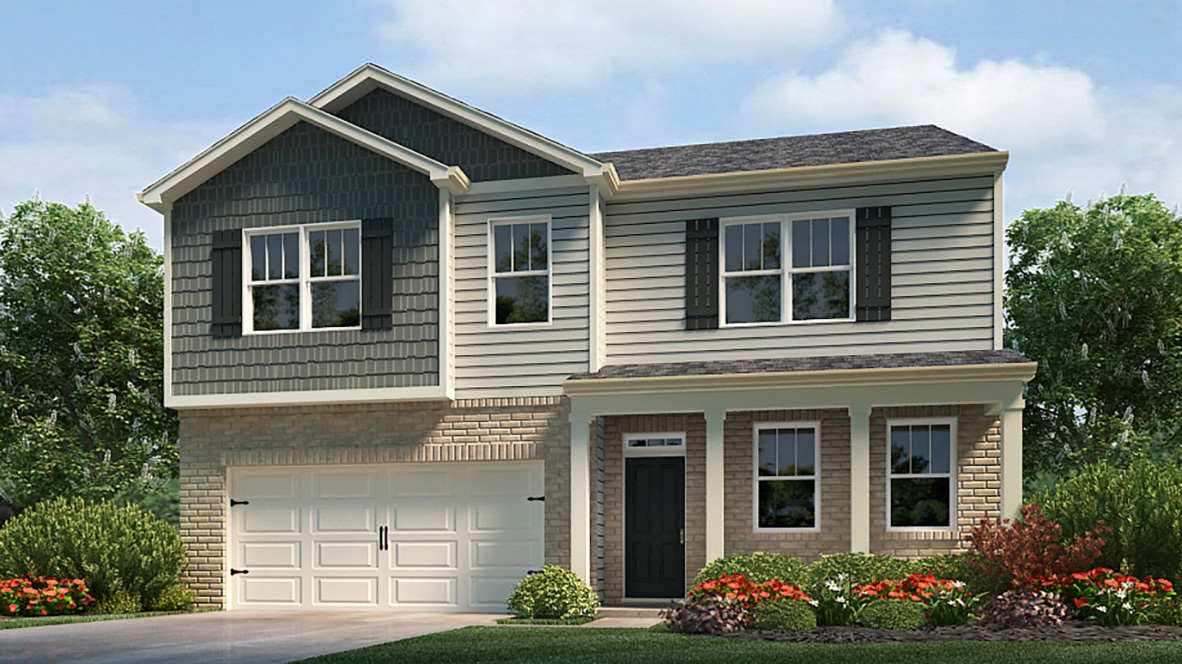 Exterior two-story home with stone detailing