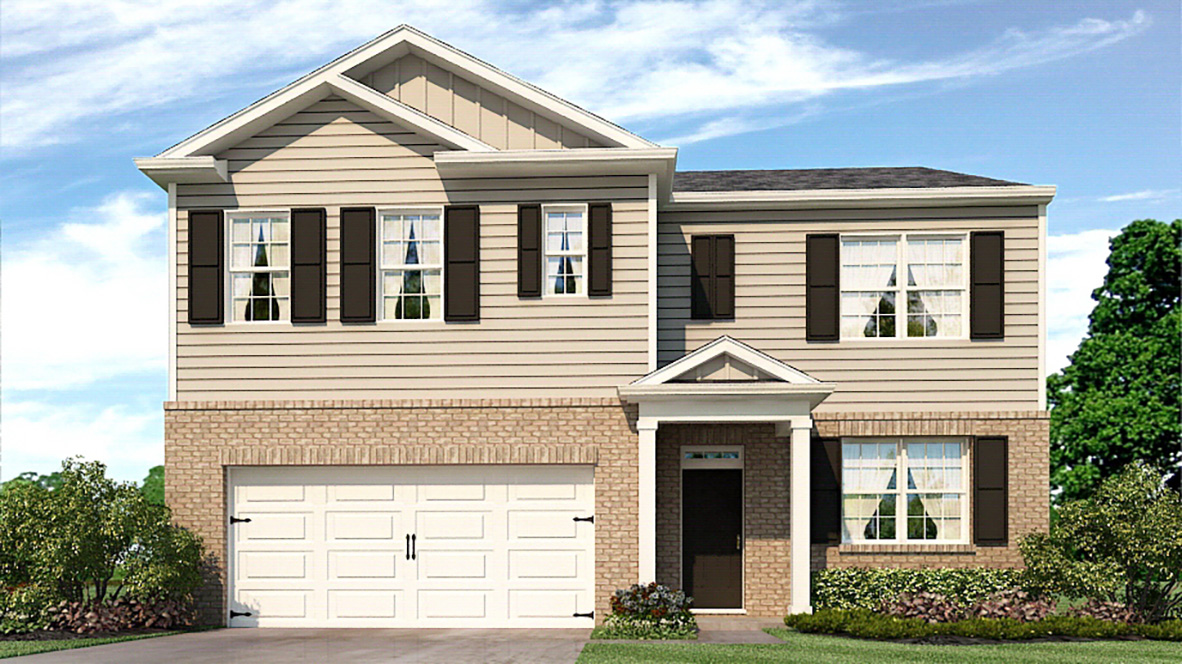 Exterior two-story home with stone detailing