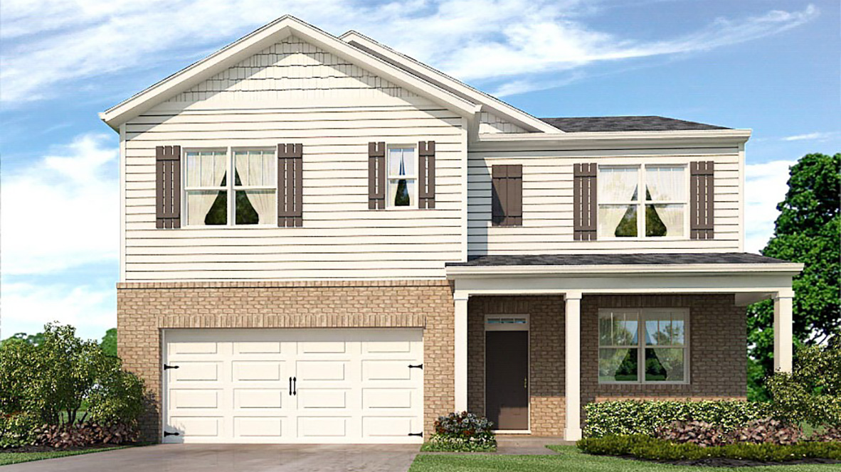 Exterior two-story home with stone detailing