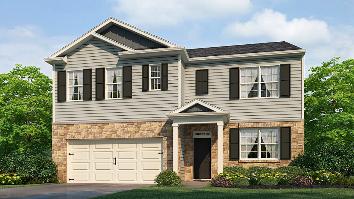 Exterior two-story home with stone detailing