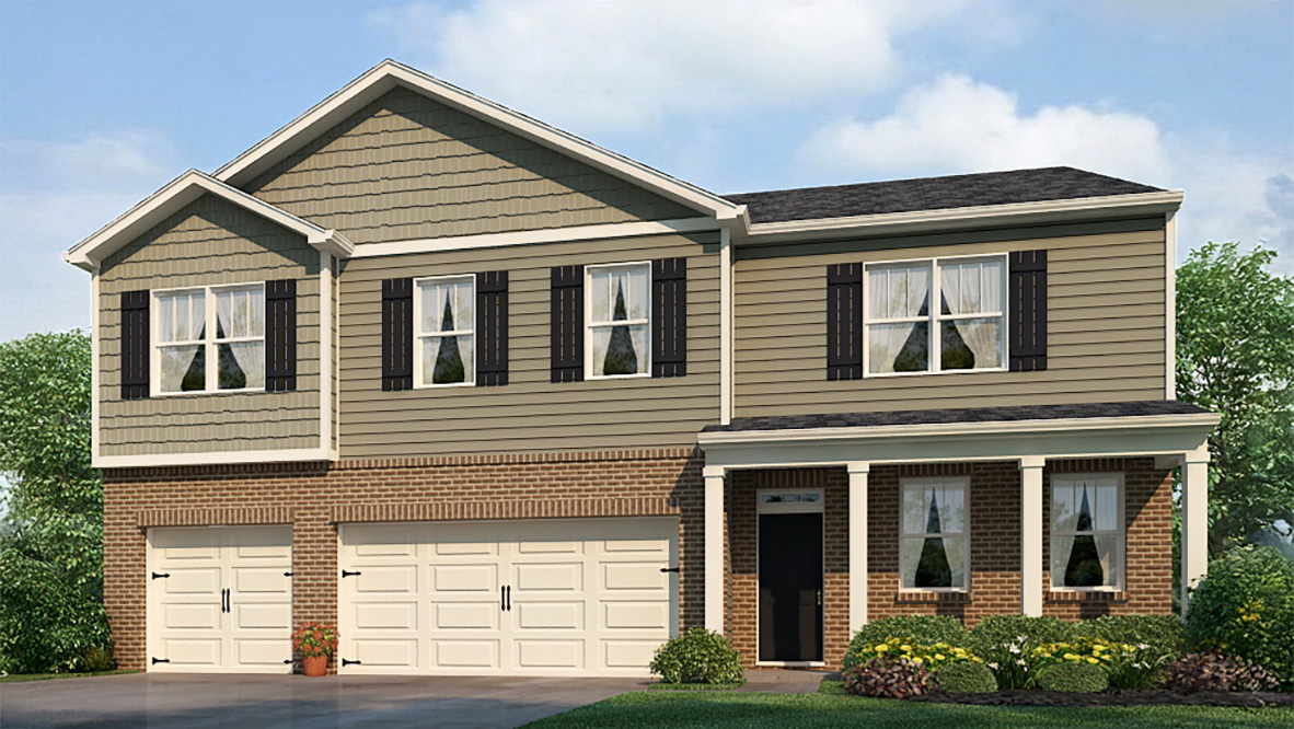 Exterior two-story home with stone detailing