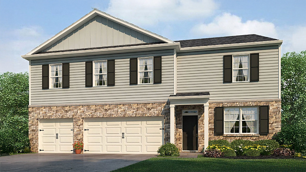 Exterior two-story home with stone detailing