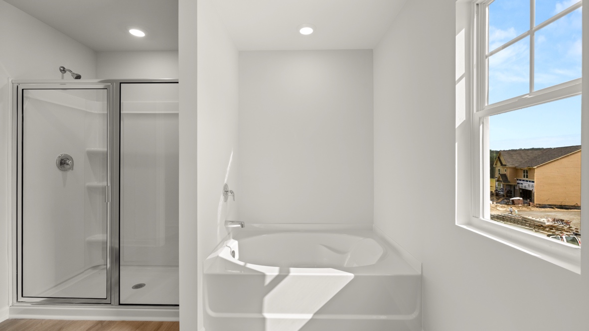 Interior bathroom with shower and bath tub