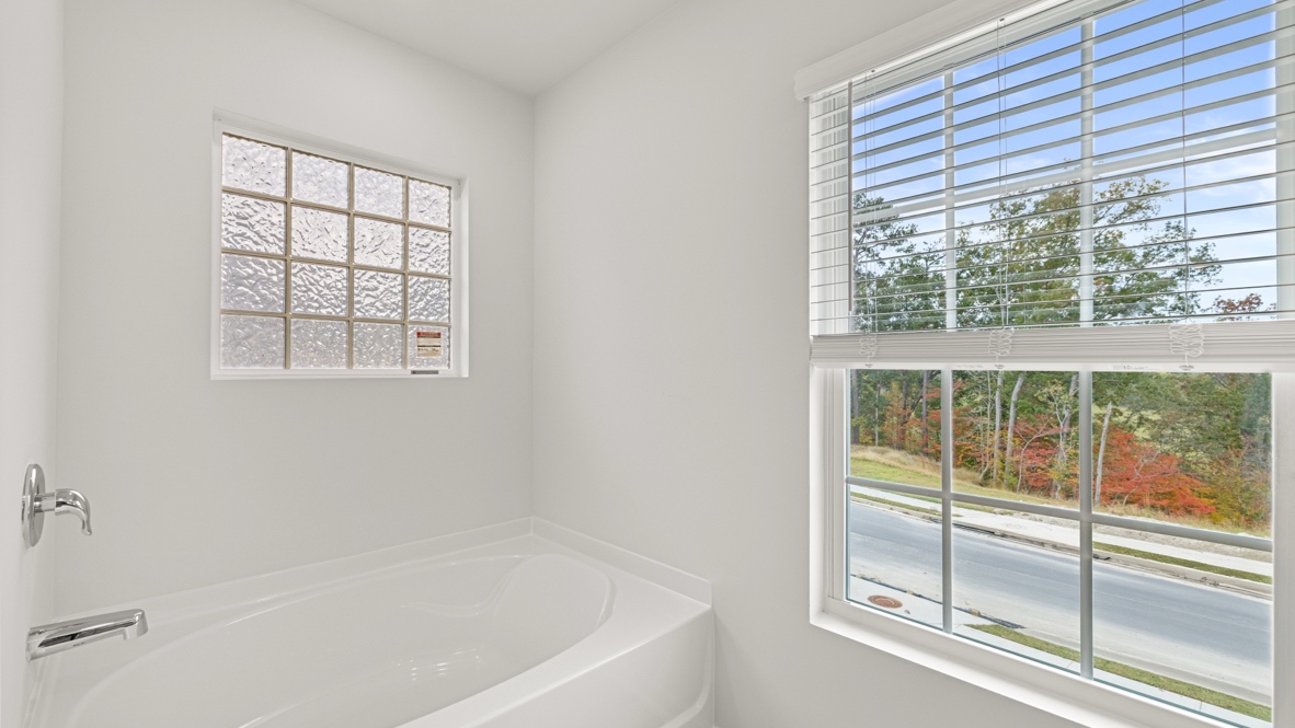 Interior primary bathroom with shower, bath tub and double sink