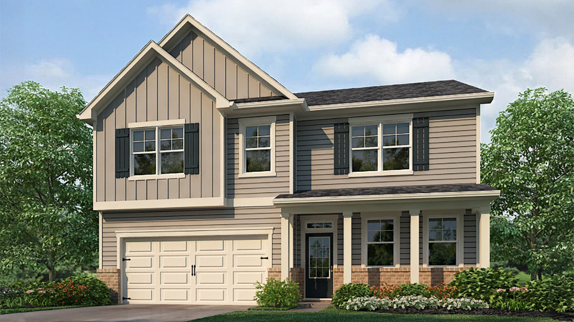 Front exterior view of Hanover Plan in Lost Creek Dallas Georgia by D.R. Horton showing New Build Home with detailed elevation two story home with a 2 car garage