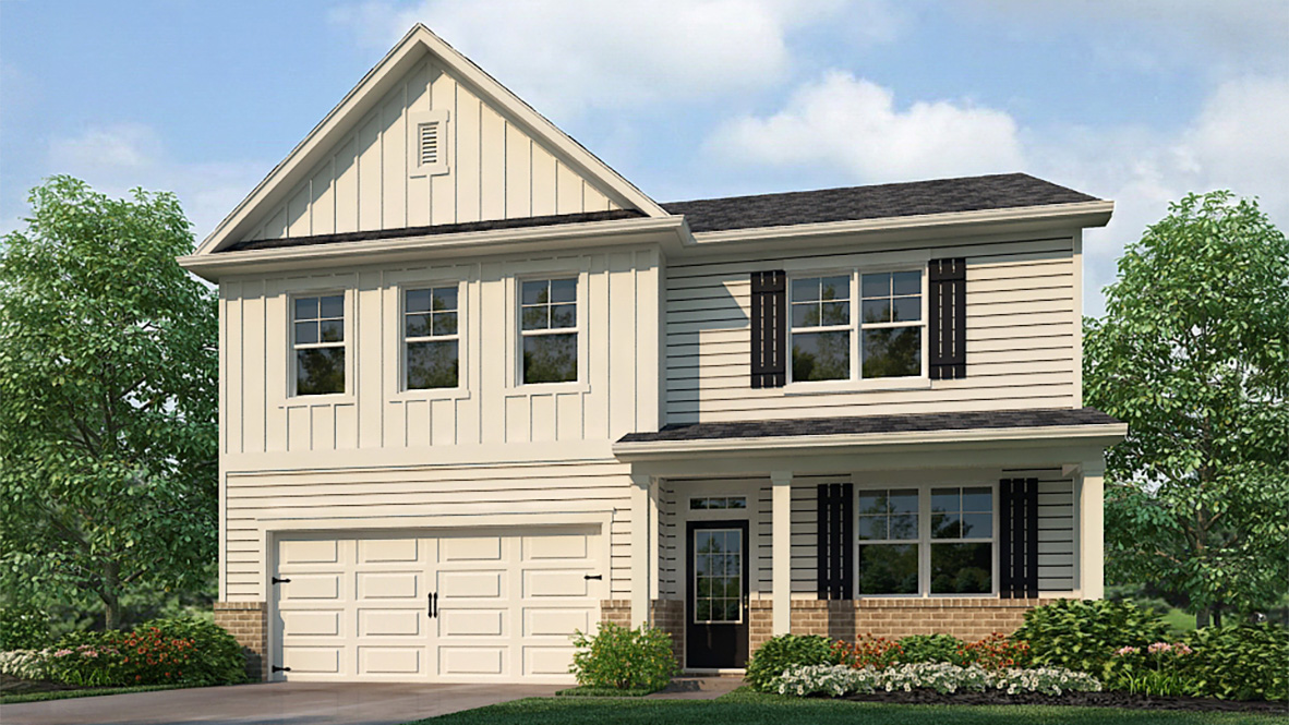 D.R. Horton Hanover Plan New Construction Home in Lost Creek Dallas Georgia with landscaped yard and front garage design