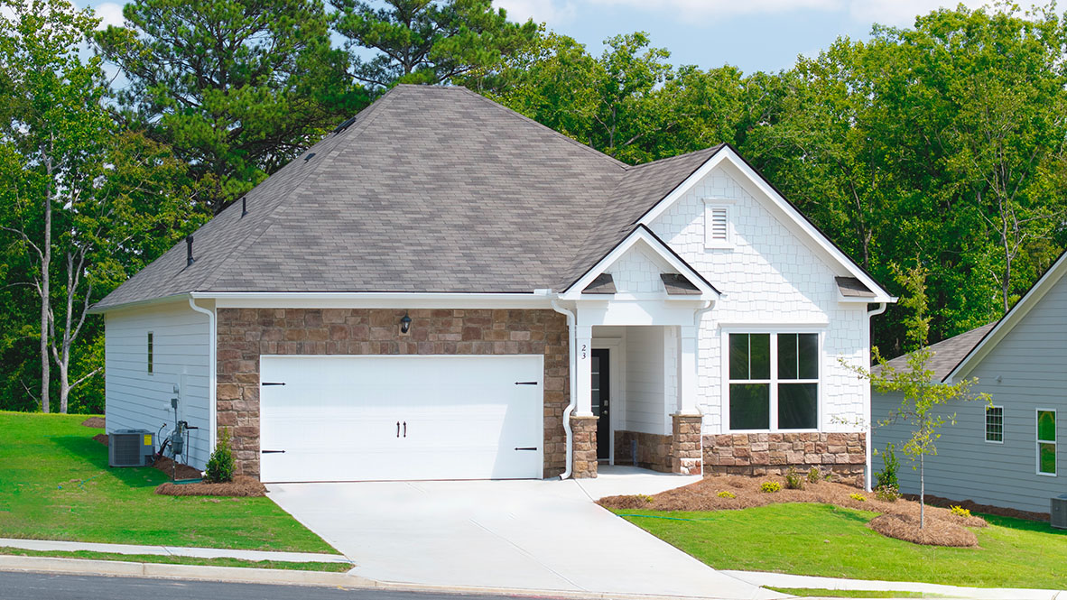 Lost Creek Community Brand New Home with brick surrounding two car garage rendering, Dallas, Georgia