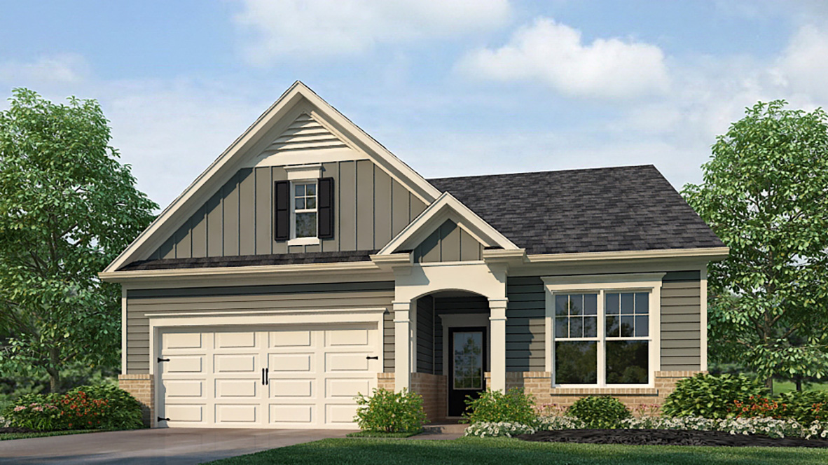 The front exterior of a New-Build Home Presented By D.R. Horton in Lost Creek, Dallas, GA, features a two-car garage and Modern Design