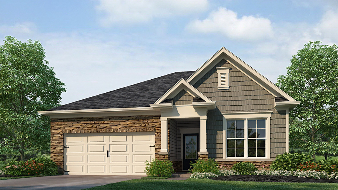 Aria Plan Twilight view of New Home highlighting warm lighting, front elevation, and driveway appeal.