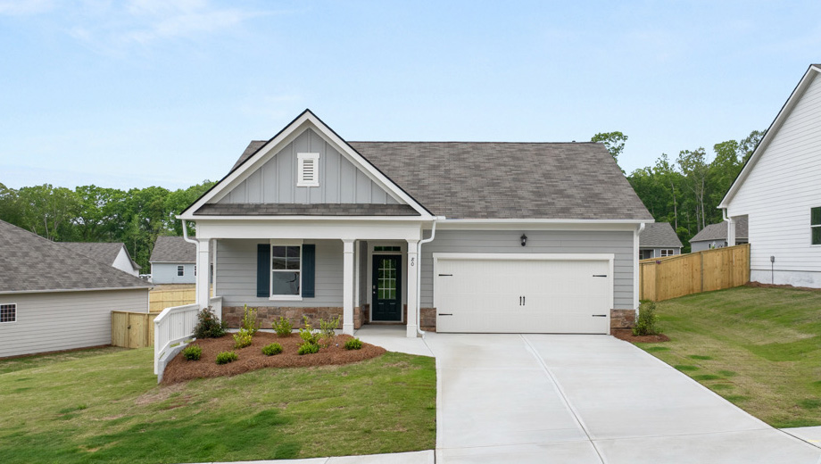 Front exterior of the Cali floorplan by D.R. Horton in Lost Creek Dallas Georgia with classic elevation