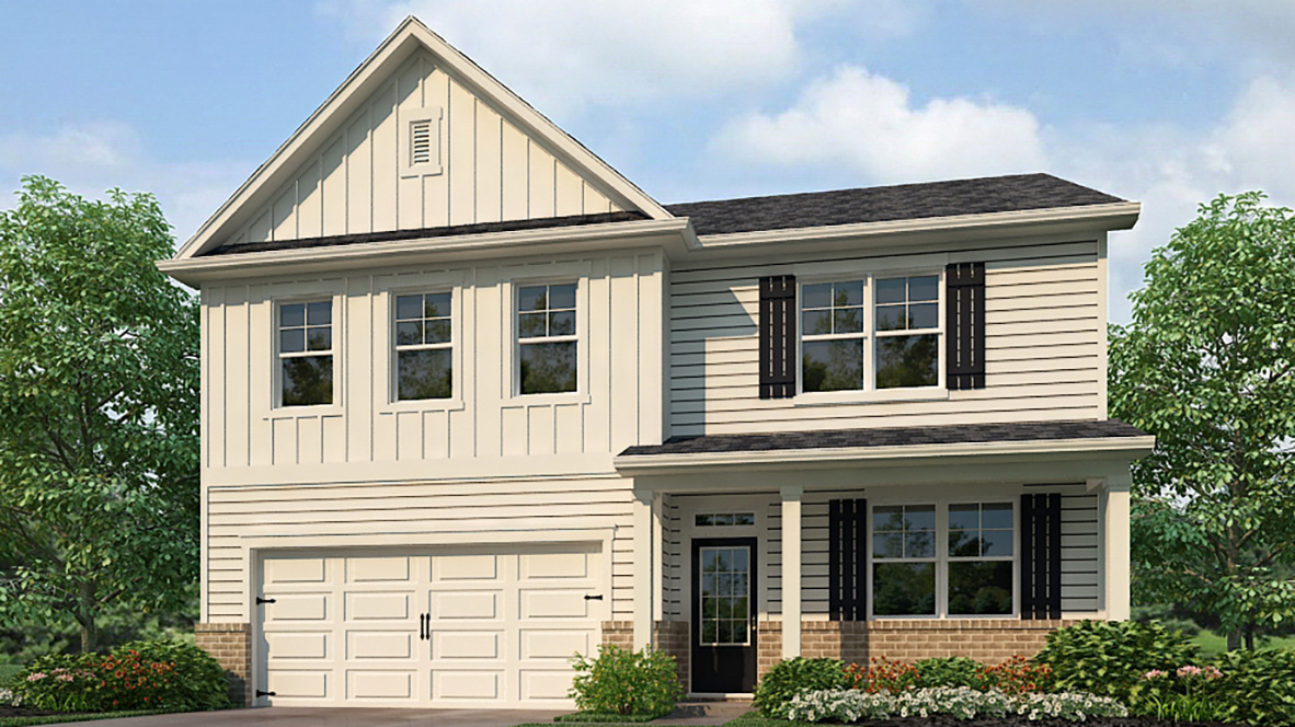 Exterior white two-story home with stone detailing