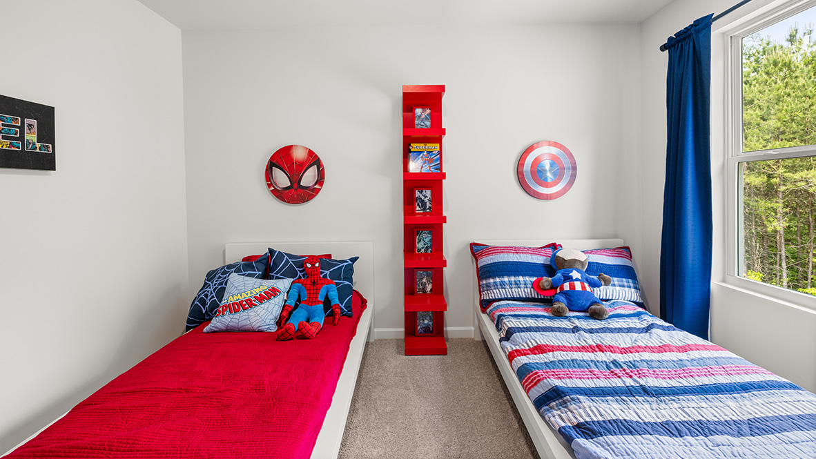 Interior bedroom with large window and closet