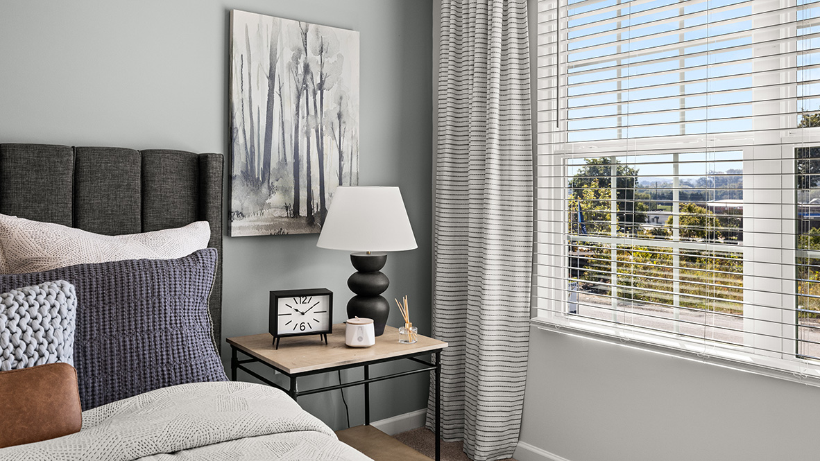 Interior primary bedroom with large window