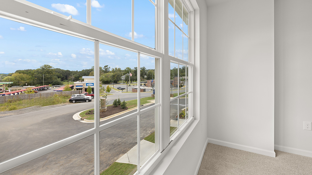 Interior primary bedroom with large window