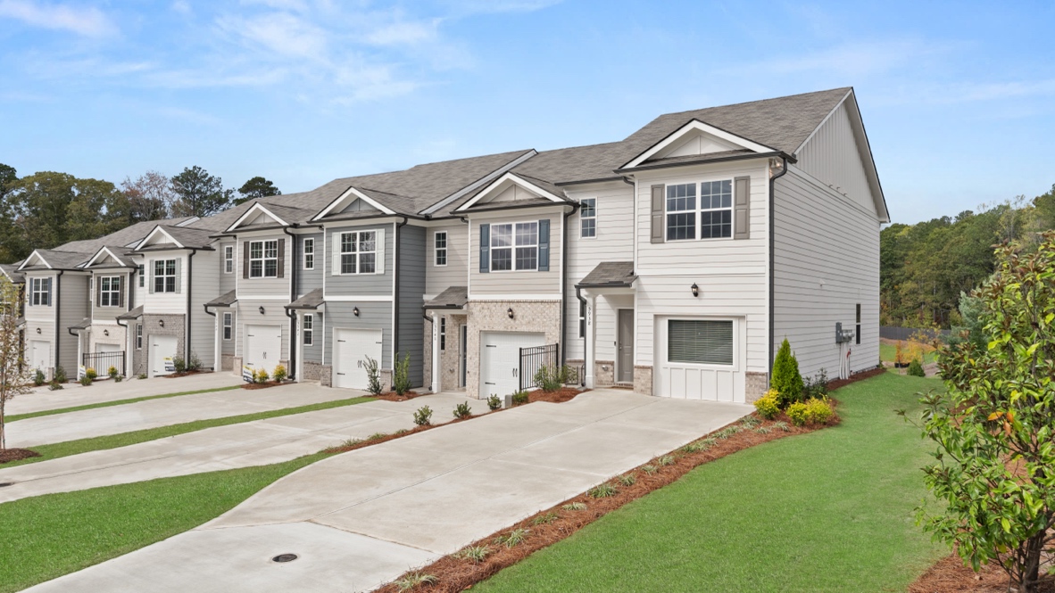 Exterior townhomes with stone detailing