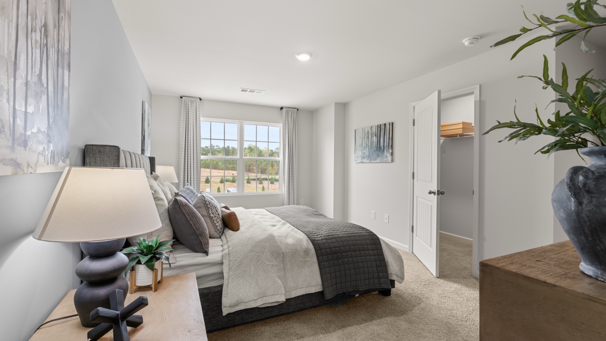 Interior bedroom with large window and accent wall