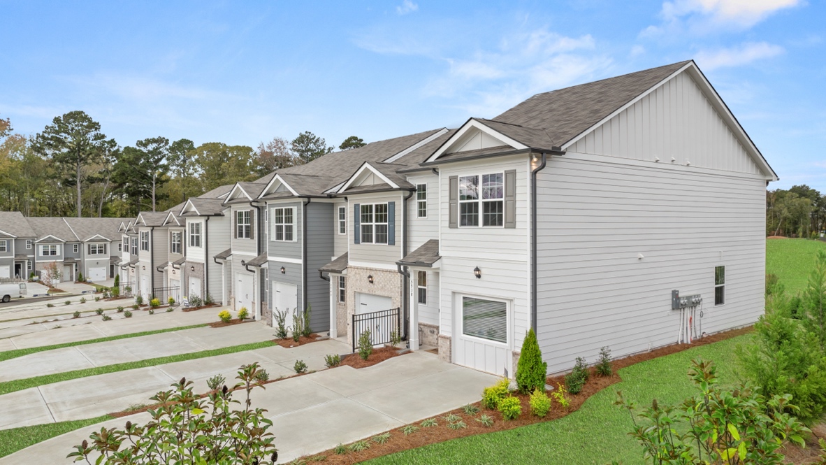 Exterior townhomes with stone detailing