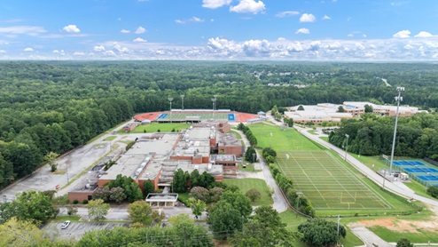 Aerial view of buildings near community