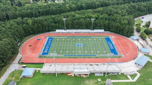 Aerial view of nearby stadium