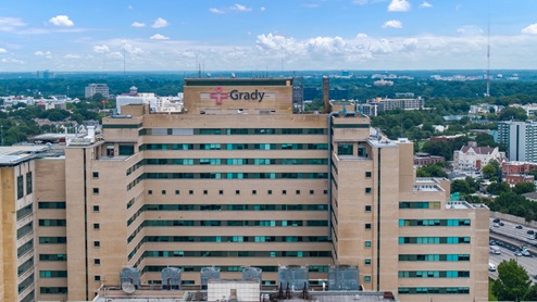 Exterior view of building in the city near community