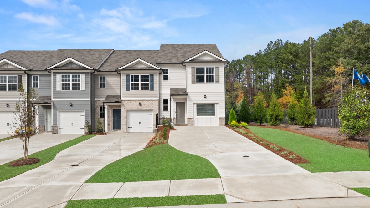 Exterior townhomes with stone detailing