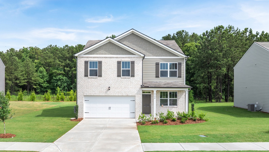 Front exterior of the Belhaven floor plan at Oaks at Cedar Grove