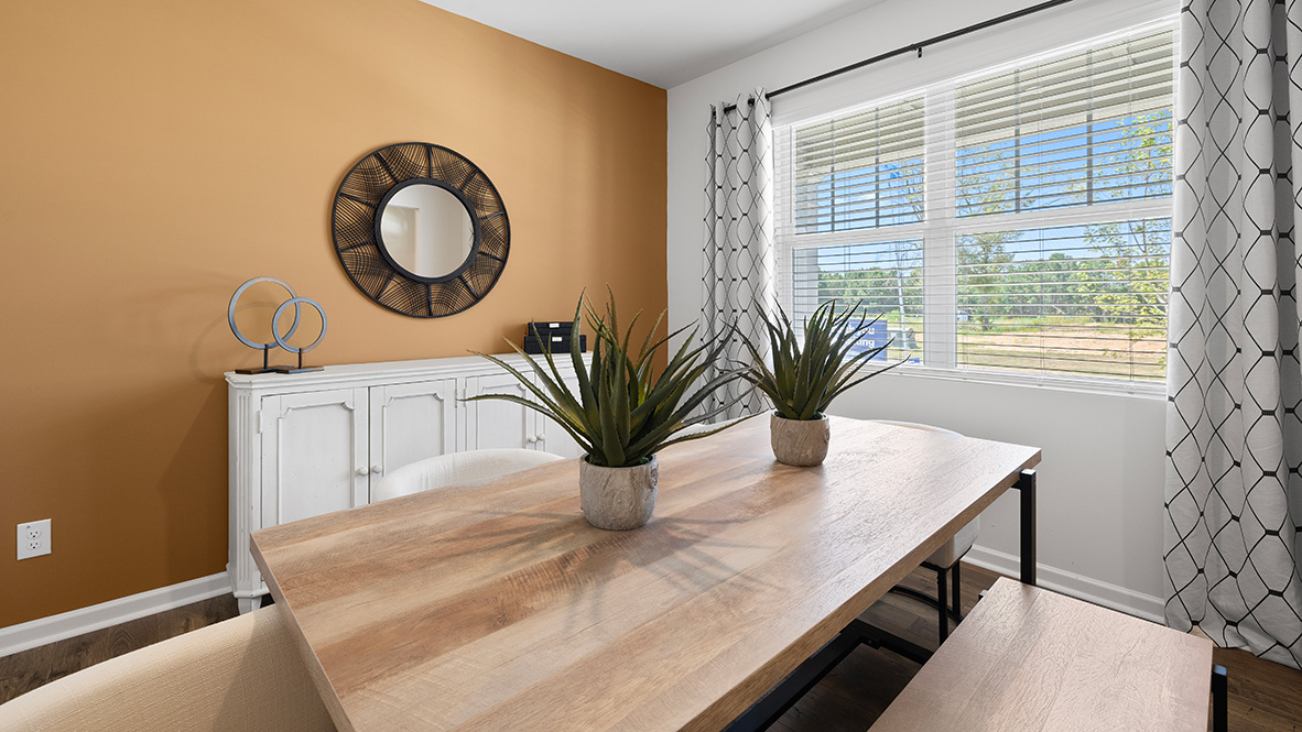 Interior flex room with accent wall and large window