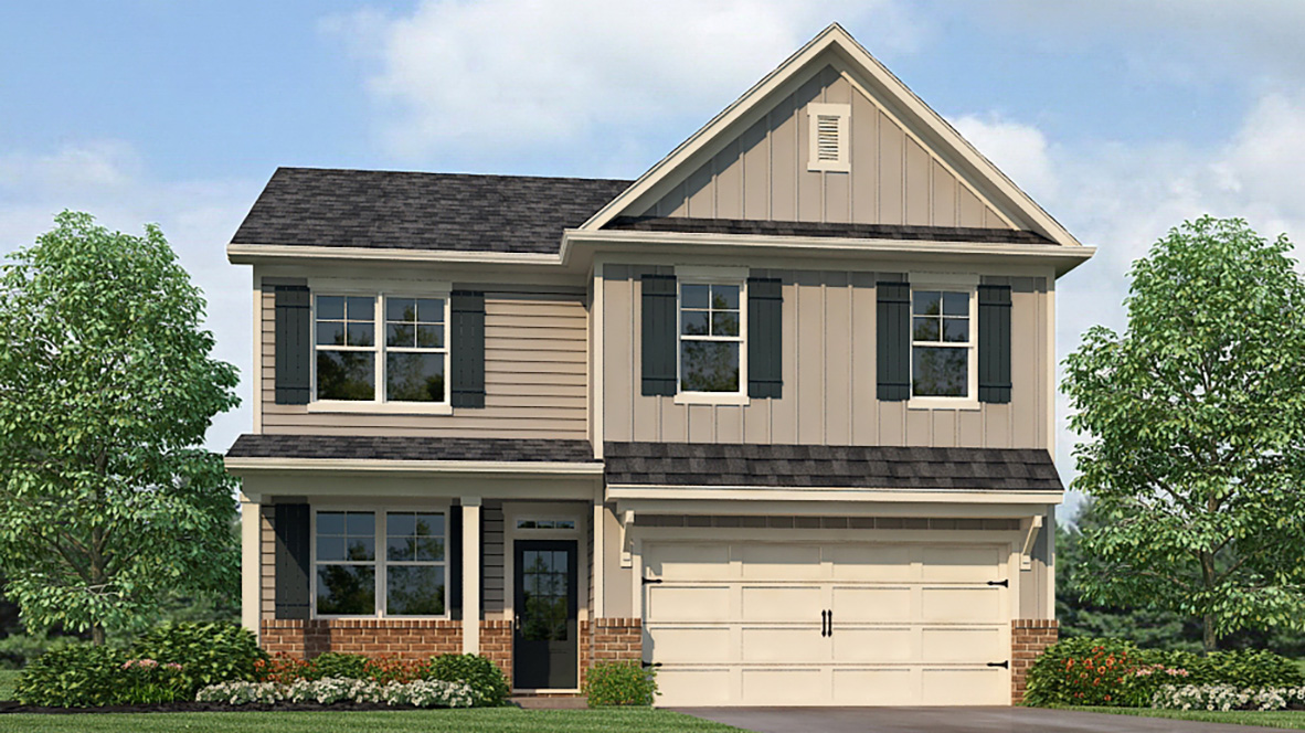 Exterior two-story home with stone detailing