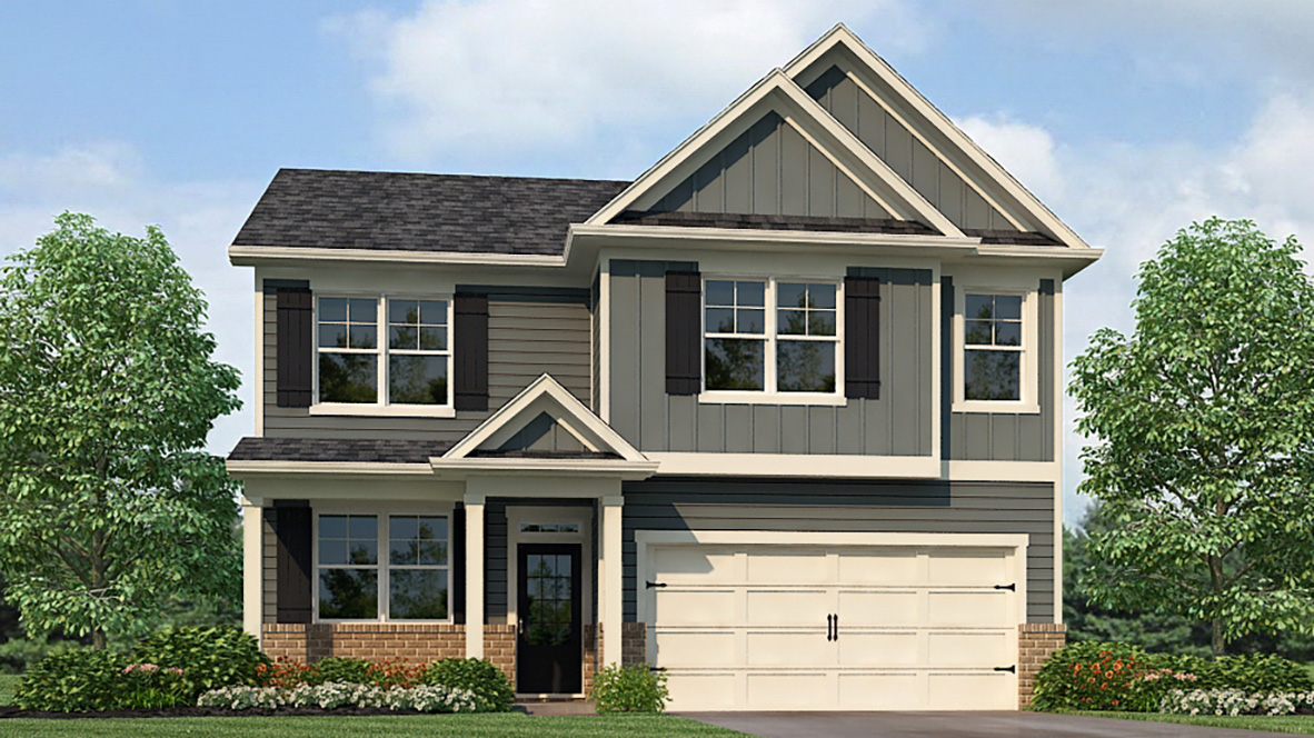 Exterior two-story home with stone detailing