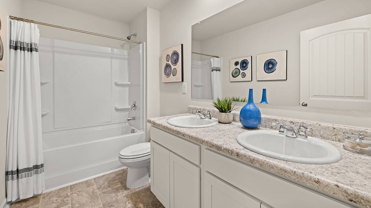Interior bathroom with double sink and full-sized shower