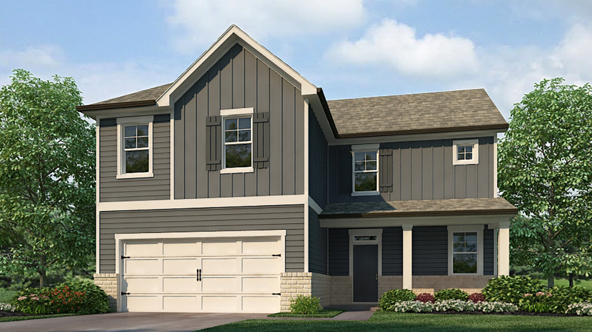 Exterior two-story home with stone detailing