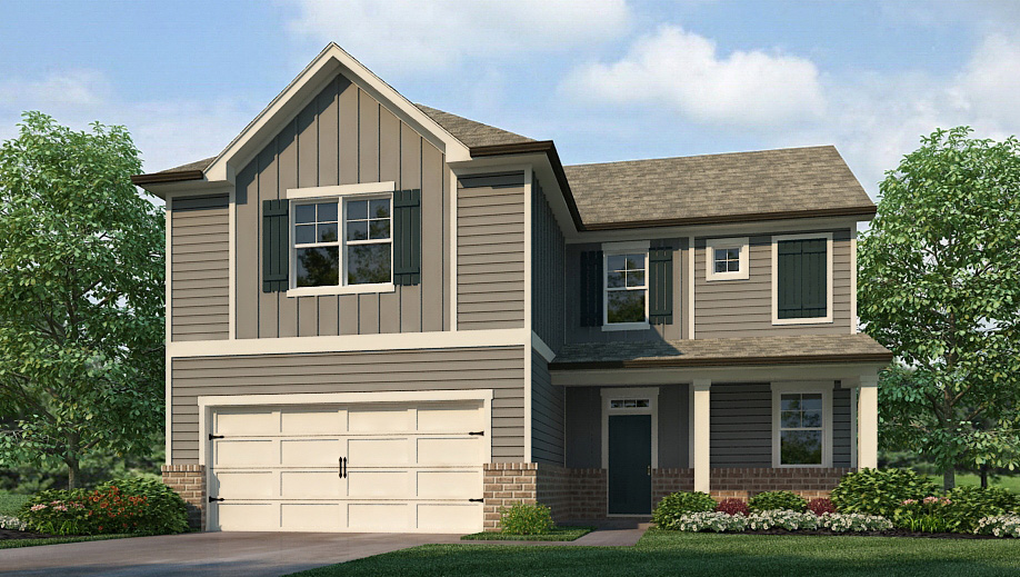 Exterior two-story home with stone detailing