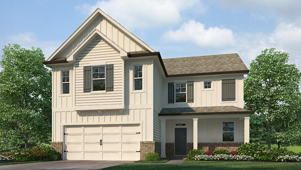 Exterior two-story home with stone detailing