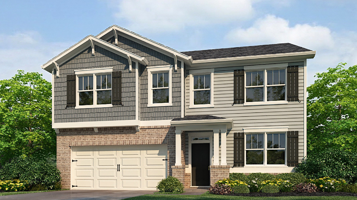 Exterior two-story home with stone detailing