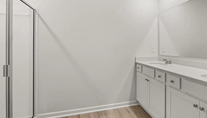 Interior bathroom with double sink and shower