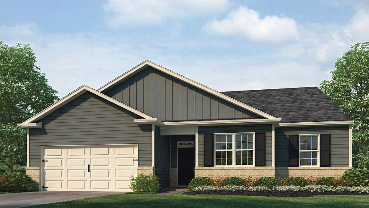 Exterior home with cladding and stone detailing