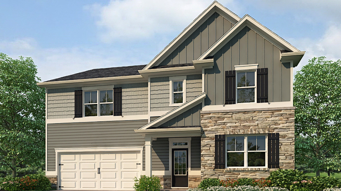 Exterior two-story home with stone detailing