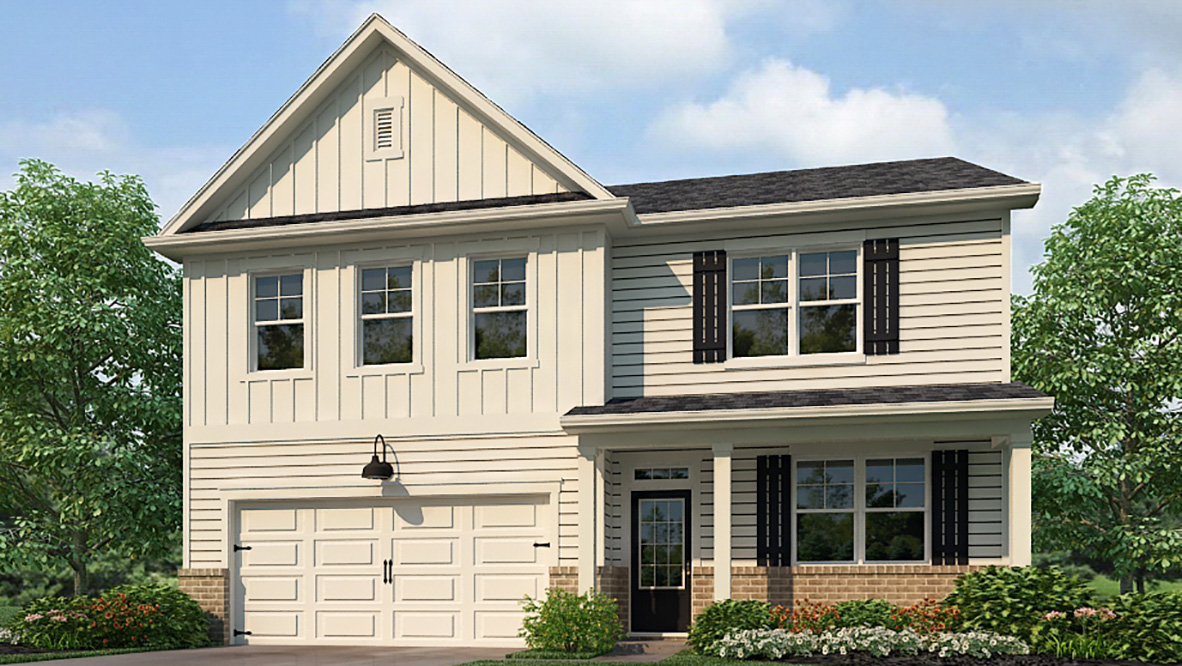Exterior two-story home with stone detailing