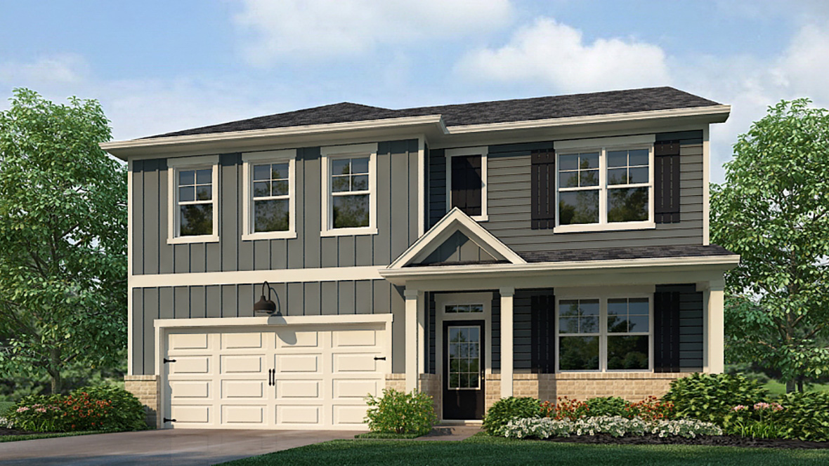 Exterior two-story home with stone detailing