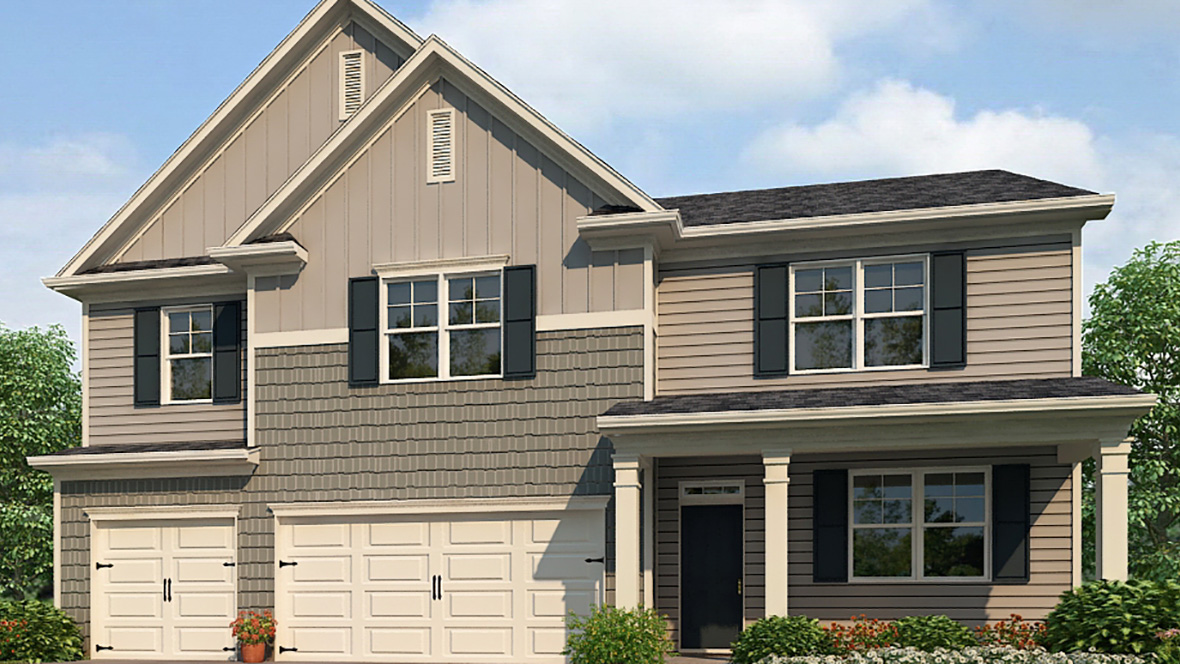 Exterior two-story home with cladding and stone detailing