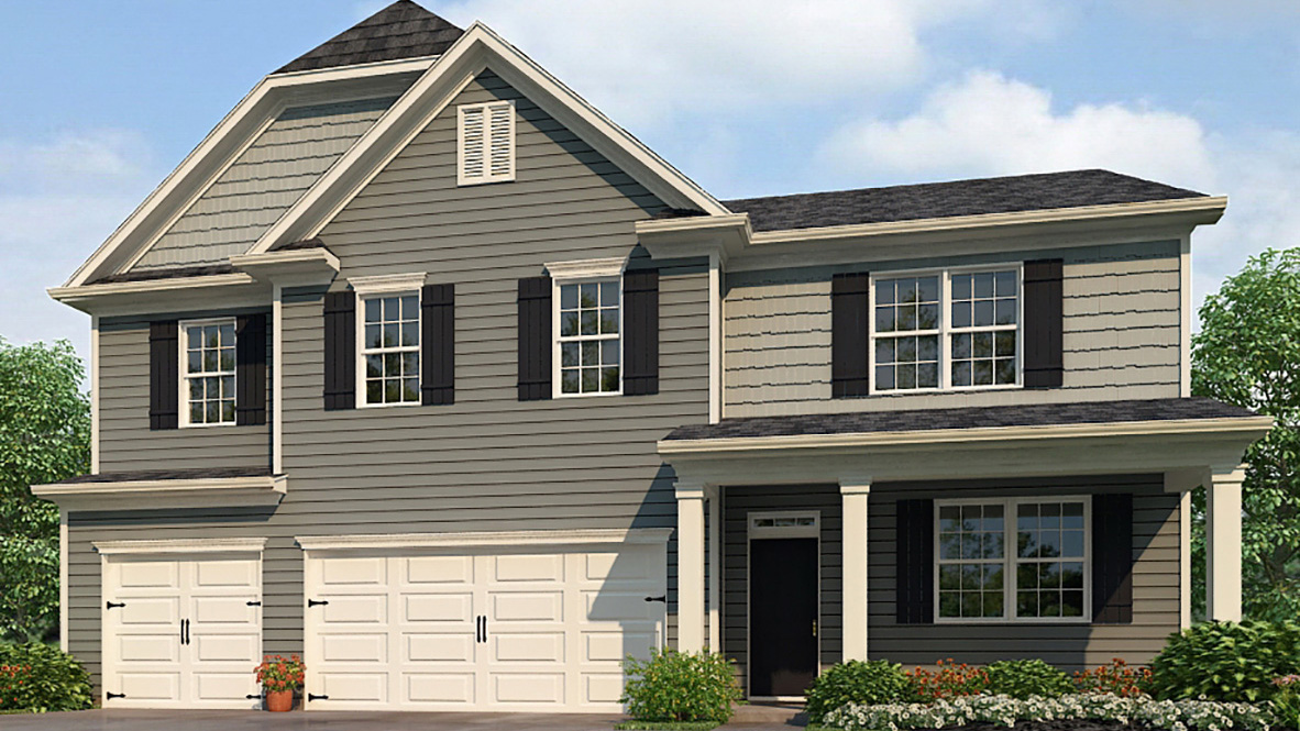Exterior two-story home with cladding and stone detailing