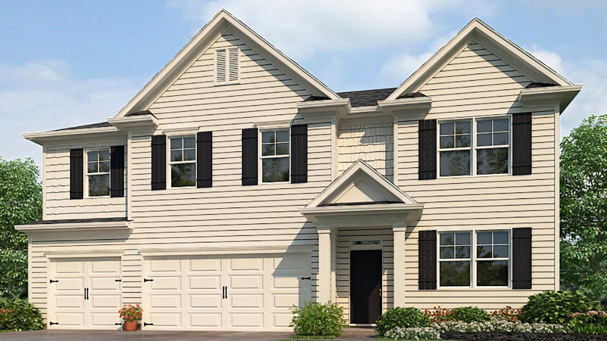 Exterior two-story home with cladding and stone detailing