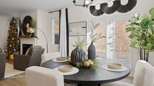 Kitchen with open view of dining area and living room.