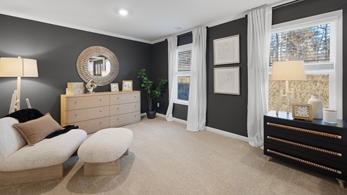 Primary bedroom with dark walls and light carpet.