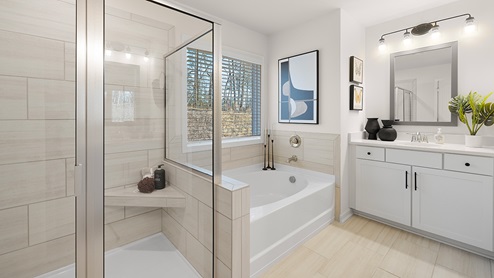 Primary bathroom with single vanity sink.